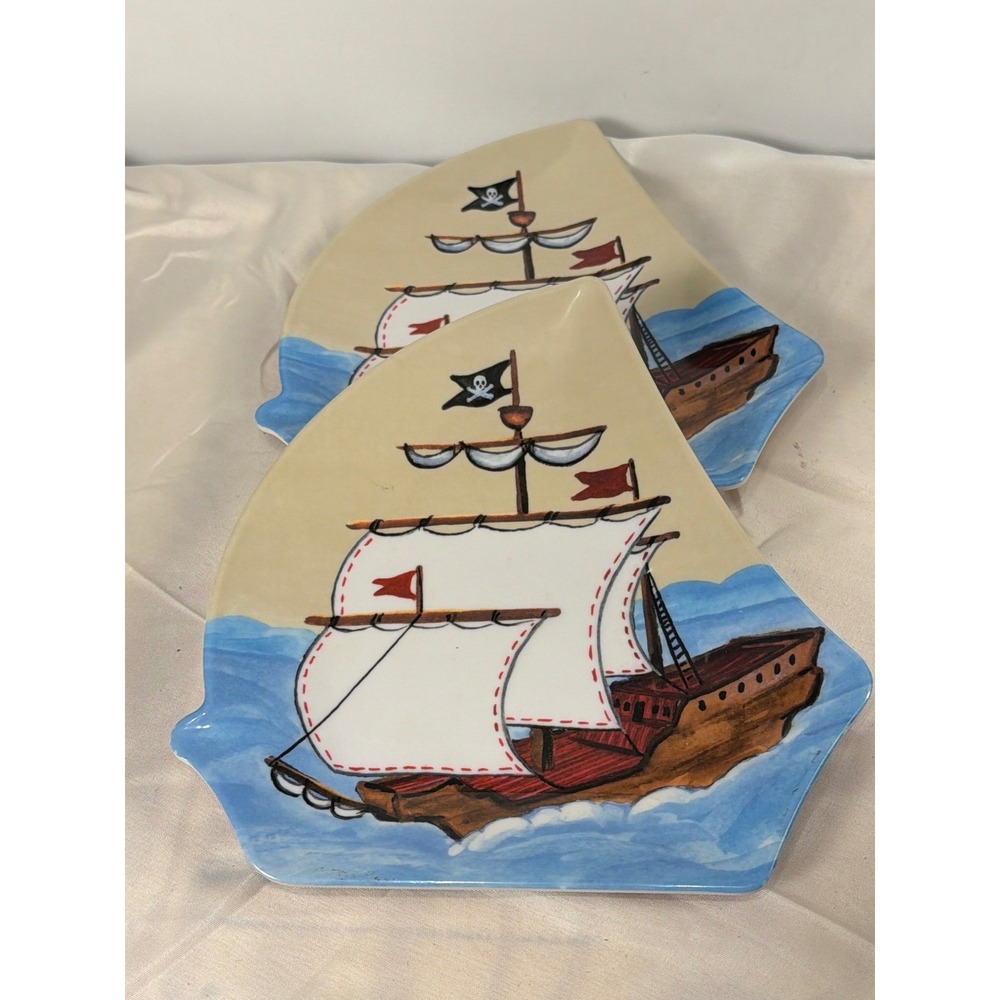 Pottery Barn Kids Pirate Ship Plates Set of 2 Melamine Sail Shaped Blue Tan